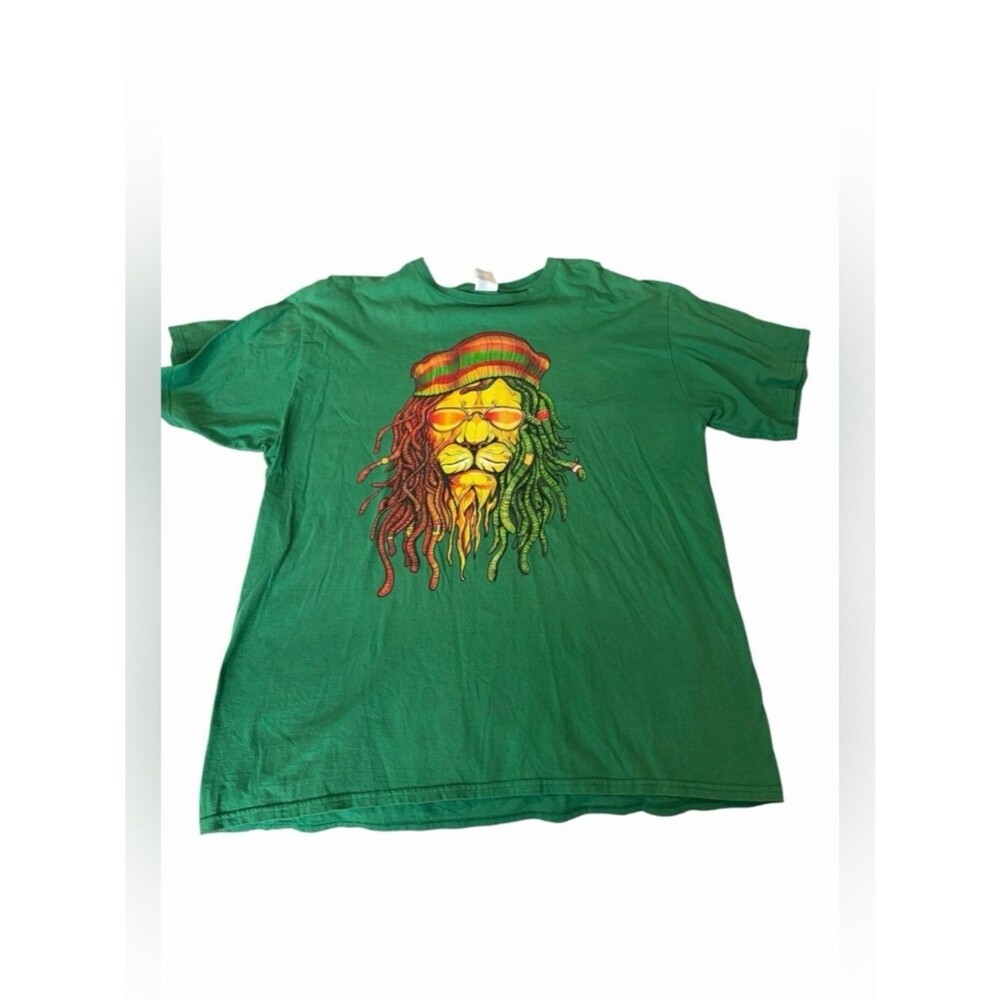 Green Graphic Tee Lion Rasta Dreadlocks Short Sleeve Size XL